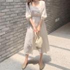 Buttoned Square-neck Cotton Midi Dress Cream - One Size