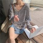 Long-sleeve Striped Button-up T-shirt Stripes - Black & White - One Size
