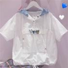 Cat Embroidered Hooded Short-sleeve Blouse White - One Size