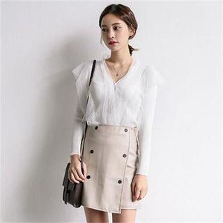 Chiffon-trim Ribbed Cardigan