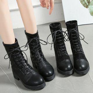 Faux Leather Lace-up Block-heel Mid-calf Boots