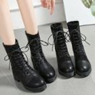 Faux Leather Lace-up Block-heel Mid-calf Boots