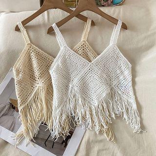 Sleeveless V-neck Fringed Crop Top