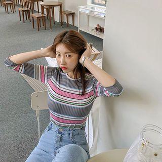 Striped Ribbed Slim-fit Top Pink - One Size