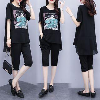 Set: Short-sleeve Printed T-shirt + Capri Pants