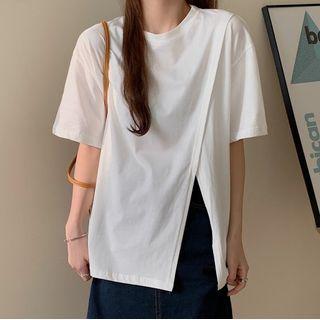 Round-neck Side-slit Short-sleeve Top