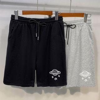Planet Print Drawstring-waist Shorts