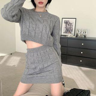 Set: Cable Knit Cropped Sweater + Mini Pencil Skirt