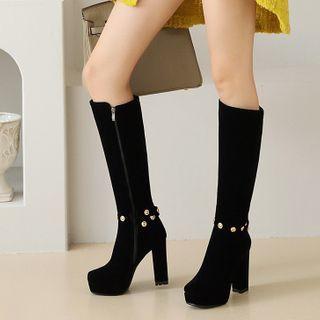Block Heel Platform Studded Tall Boots