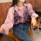 Long-sleeve Loose-fit Blouse / Sleeveless V-neck Glittered Top