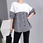 Mock Two-piece Elbow-sleeve Checked Paneled Top