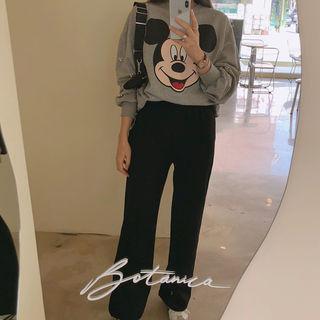 Band-waist Fleece-lined Wide-leg Pants Black - One Size