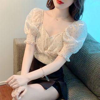 Puff Sleeve V-neck Dotted Cropped Blouse