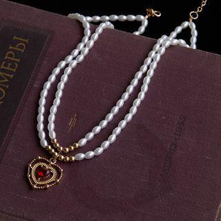 Heart Rhinestone Pendant Faux Pearl Choker Red Pendant & White Faux Pearl - Gold - One Size