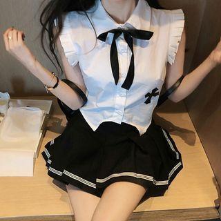 Sleeveless Ruffled Bow Shirt / Pleated A-line Skirt