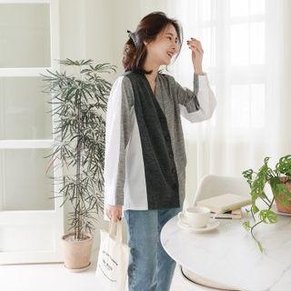 V-neck Color-block Cardigan Dark Gray - One Size