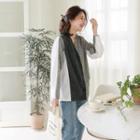 V-neck Color-block Cardigan Dark Gray - One Size