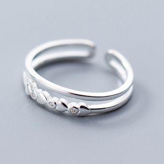 925 Sterling Silver Rhinestone Heart Layered Open Ring S925 Silver - Silver - One Size
