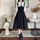 Mock Two-piece Elbow-sleeve Midi Shirt Dress