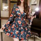 Bell-sleeve Floral Print A-line Dress