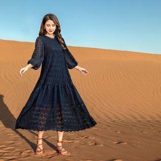 Long-sleeve Eyelet Lace Midi A-line Dress