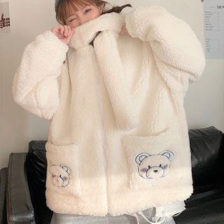 Bear Embroidered Faux Shearling Hooded Jacket