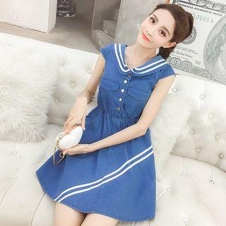 Denim Cap-sleeve Collared A-line Dress