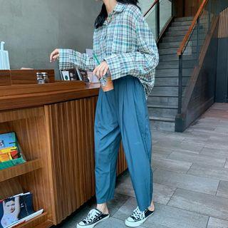 Long-sleeve Plaid Shirt / Wide-leg Pants