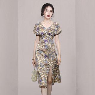 Short-sleeve V-neck Print Slit A-line Dress