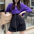 Elbow-sleeve T-shirt / High-waist Zip Skirt