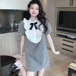 Puff-sleeve Plaid Tweed Ruffled A-line Dress