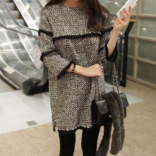 3/4-sleeve Beaded Fray Trim Tweed Dress