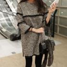 3/4-sleeve Beaded Fray Trim Tweed Dress