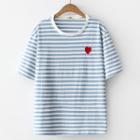 Short-sleeve Striped Heart Embroidery T-shirt