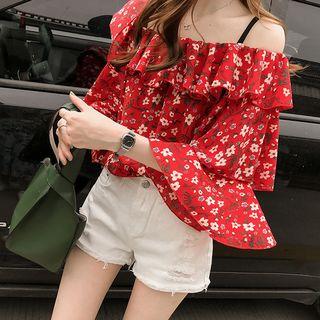Off-shoulder Bell-sleeve Floral Blouse