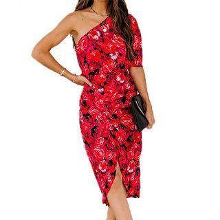 One-shoulder Flower Print Sheath Dress