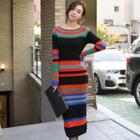 Striped Long-sleeve Midi Knitted Dress As Shown In Figure - One Size