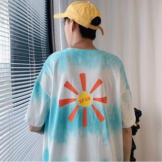 Flower Print Gradient Elbow-sleeve T-shirt