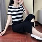Set: Striped Short-sleeve Top + Crop Wide Leg Pants