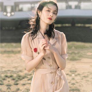Short-sleeve Floral Embroidered Tie-waist Midi A-line Shirtdress