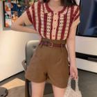Striped Pointelle Knit Short-sleeve Cardidgan / Wide-leg Shorts
