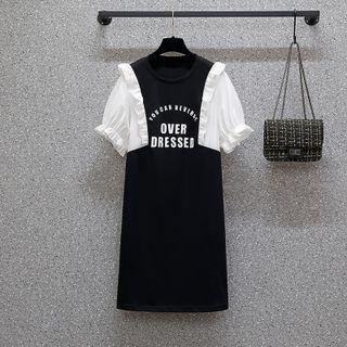 Mock Two-piece Puff-sleeve Lettering Dress