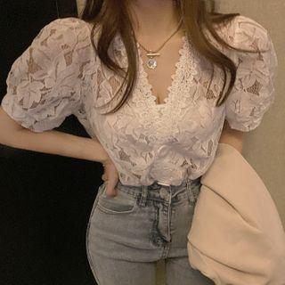 Cutout Floral V-neck Top White - One Size