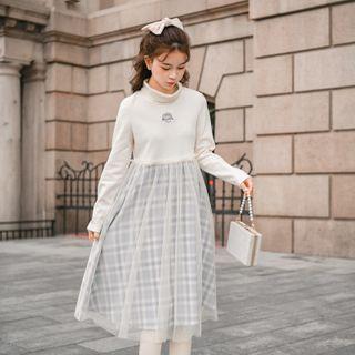 Set: Turtleneck Cartoon Embroidered Top + Plaid Midi Jumper Skirt