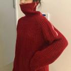 Zip-sleeve Ribbed Sweater Red - One Size