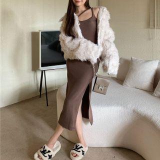 Spaghetti Strap Maxi Split Dress / Faux-wool Button-up Chunky Jacket