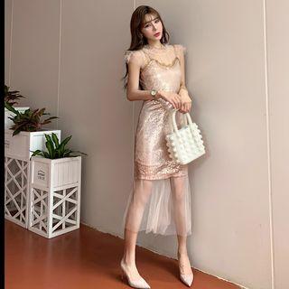 Set: Sequin Spaghetti-strap Dress + Midi Mesh Dress