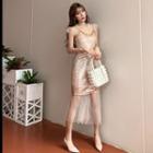 Set: Sequin Spaghetti-strap Dress + Midi Mesh Dress