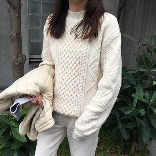 Crew-neck Cable Knit Sweater White - One Size