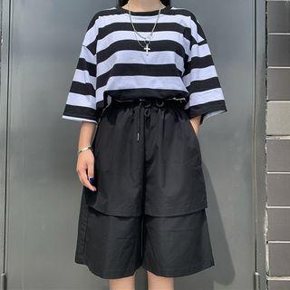 Striped Elbow-sleeve T-shirt / Drawstring Waist Shorts / Set